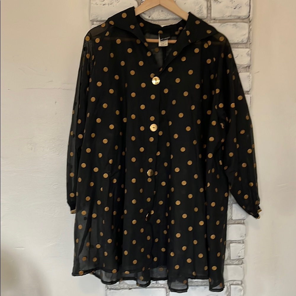 Black and Gold Polka Dot Button-Up Tunic Blouse